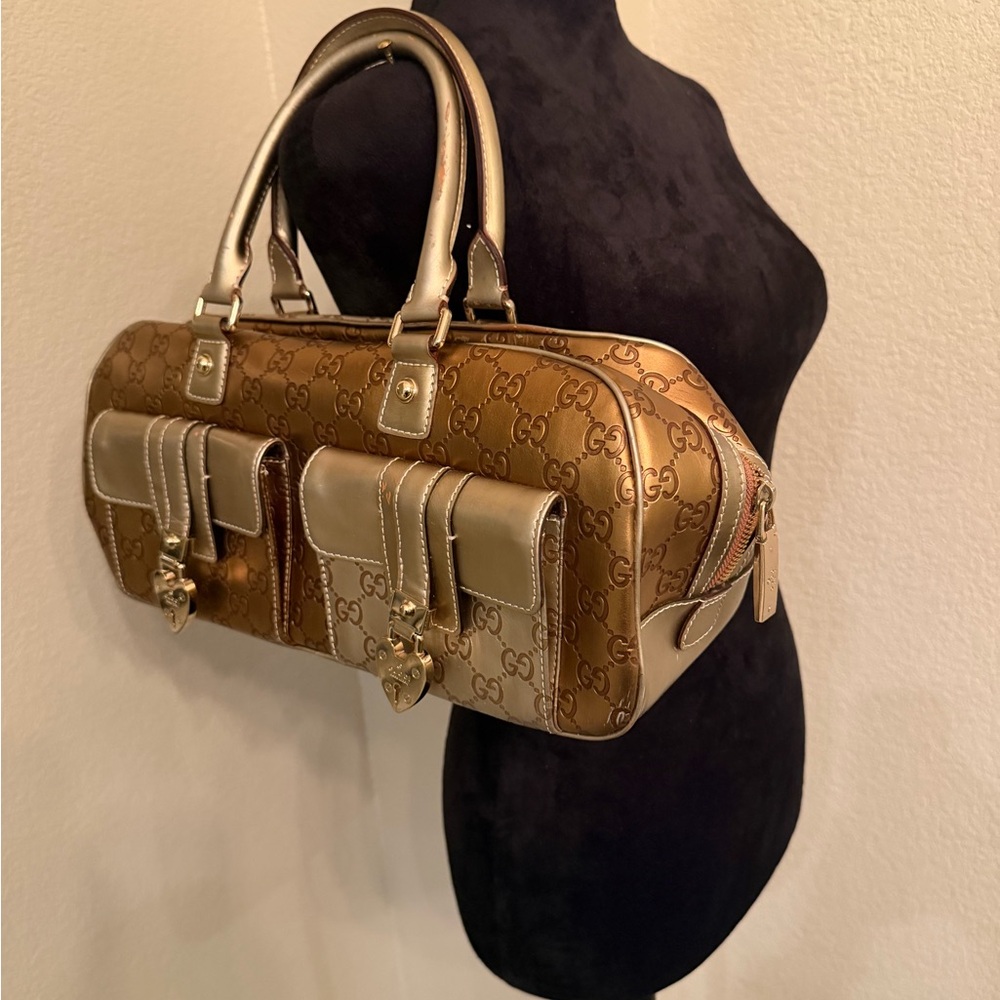 Vintage Gucci Gold GG Bronze Heart Padlock Boston Handbag